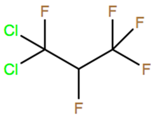 Structural representation of 1,1-Dichloro-1,2,3,3,3-pentafluoropropane (HCFC-225eb)